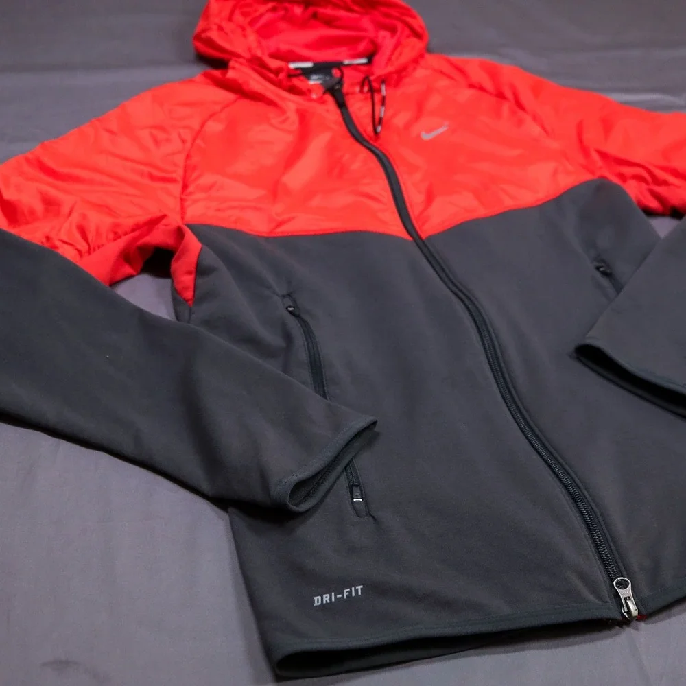 Nike Running Dri-FIT Hybrid Windbreaker Fleece Hooded Jacket Red Reflective S